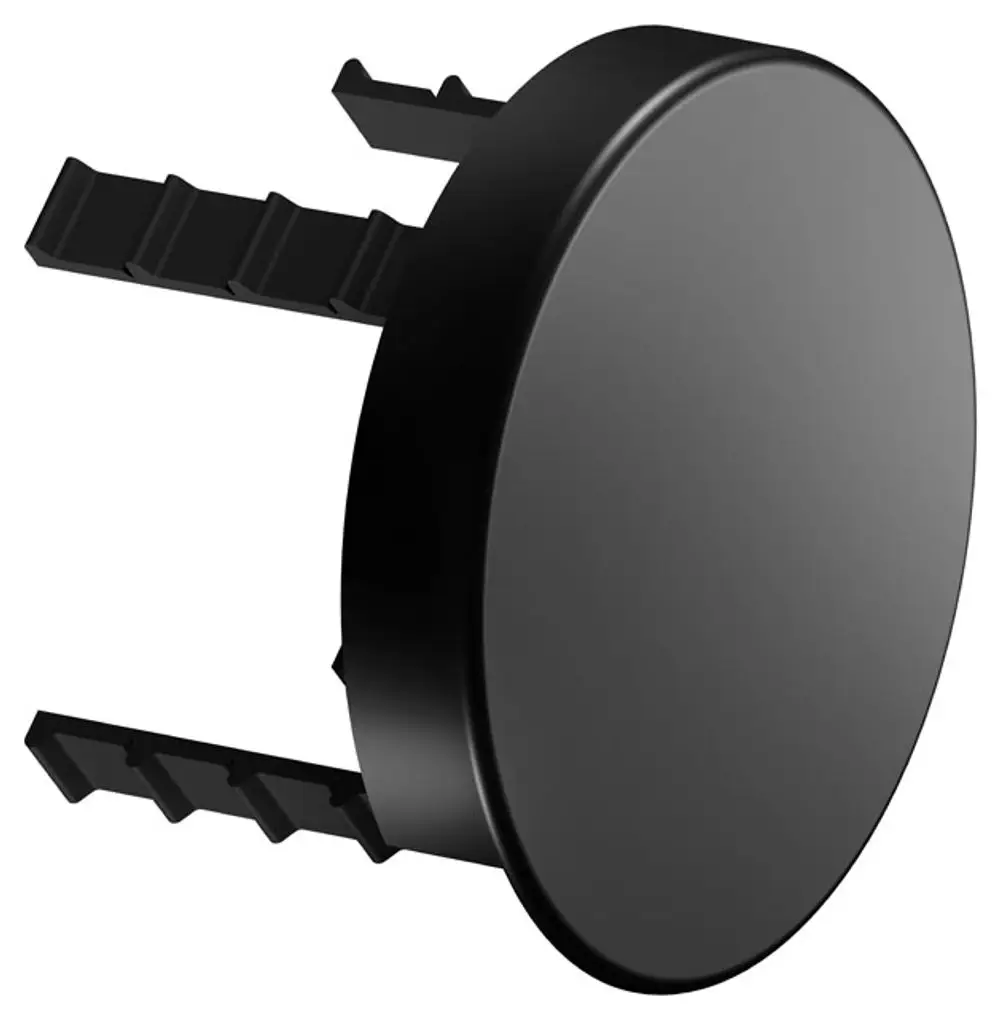 Schwarze Abdeckblende mit runder Form und Halteklammern, geeignet zur Montage. Produkt von Keuco.